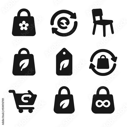 Eco Resale Icons. Solid, filled icons set of eco-friendly resale: vintage shopping bag, reuse icon, upcycled chair, green shopping, thrift tag, eco leaf, resale icon, secondhand cart, zero waste bag.