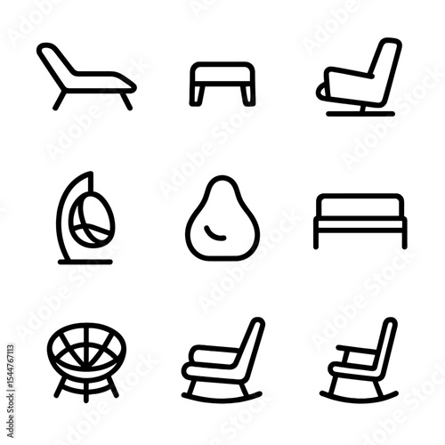 Lounge Seating Icons. Outline icon set of lounge seating types: chaise lounge, ottoman, recliner, daybed, hanging chair, bean bag,