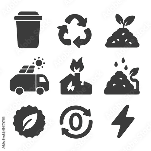 Eco Waste Management Icons. Solid, filled icons set of sustainable waste management: green bin, recycling