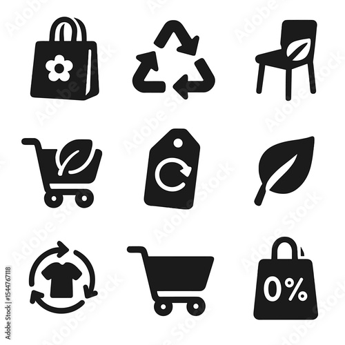 Eco Resale Icons. Solid, filled icons set of eco-friendly resale: vintage shopping bag, reuse icon, upcycled chair, green shopping, thrift tag, eco leaf, resale icon, secondhand cart, zero waste bag.