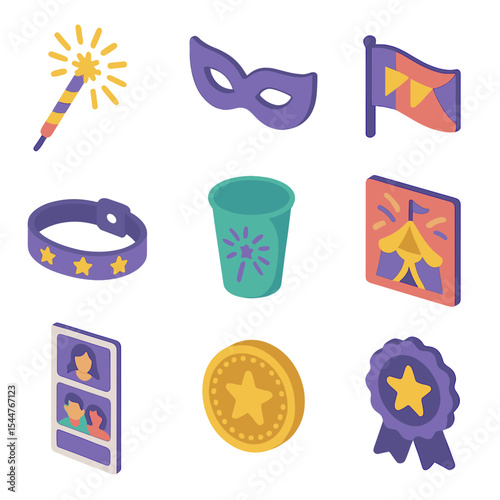 Festival Memorabilia Icons. Isometric Flat icon set of festival memorabilia: fireworks sparkler, carnival mask, parade flag,