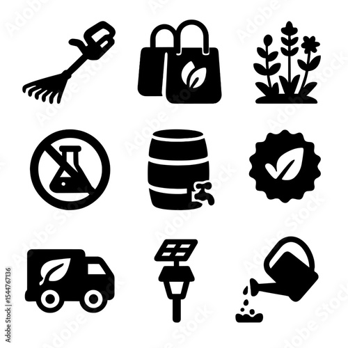 Eco Yard Care Icons. Solid, filled icons set of eco-friendly yard care: battery-powered rake, reusable bags,