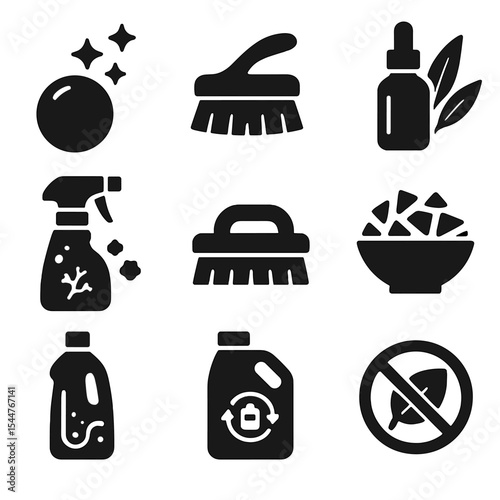 Eco-Cleaning Icons. Solid, filled icons set of bathroom eco-cleaning solutions: toilet bomb, scrub brush,