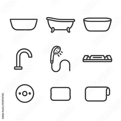 Luxury Bathtub Icons. Outline icon set of luxury bathtub options: freestanding tub, clawfoot tub, soaking tub, whirlpool jet,