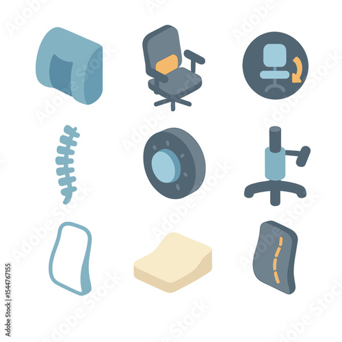 Lumbar Support Icons. Isometric Flat icon set of lumbar support adjustments: lumbar cushion, built-in adjustable lumbar pad, tilt