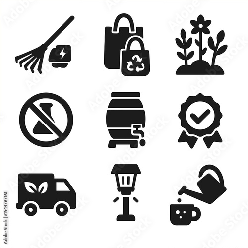 Eco Yard Care Icons. Solid, filled icons set of eco-friendly yard care: battery-powered rake, reusable bags,