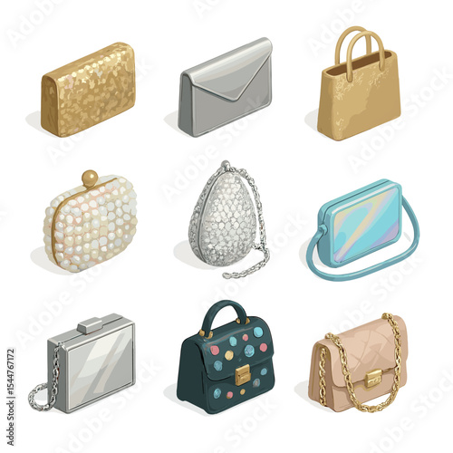 Festive Handbag Icons. Isometric Flat icon set of festive handbags and clutches: sequin clutch, metallic envelope bag, glitter