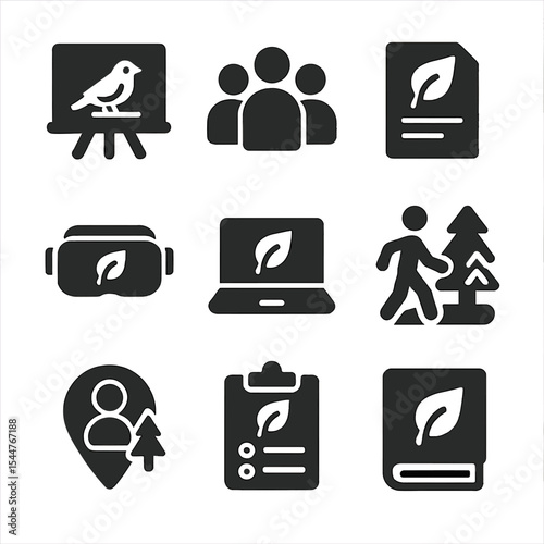 Eco-Education Icons Grid. Solid, filled icons set of community eco-education: chalkboard with bird, student