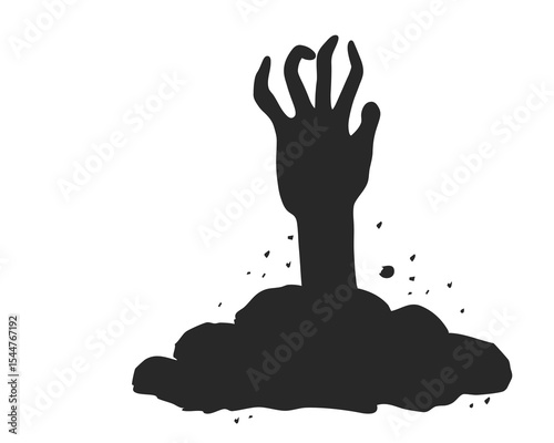 Spooky zombie hand silhouette rising from the ground on Halloween night. Vector horror element for scary design. Creepy Halloween hand silhouette reaching up from the graveyard soil