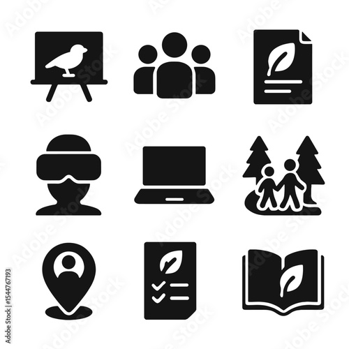 Eco-Education Icons Grid. Solid, filled icons set of community eco-education: chalkboard with bird, student