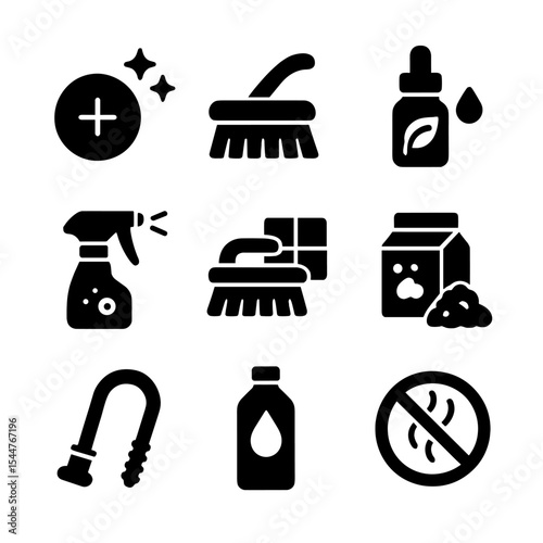 Eco-Cleaning Icons. Solid, filled icons set of bathroom eco-cleaning solutions: toilet bomb, scrub brush,