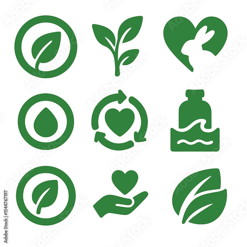 Eco-Friendly Icon Set. Solid, filled icons set of green cleaning product labels: biodegradable icon, vegan
