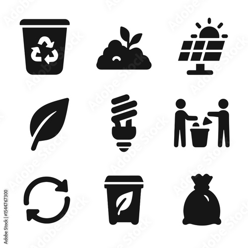 Eco-Friendly Icons Grid. Solid, filled icons set of home waste reduction: recycling bin, compost pile, solar