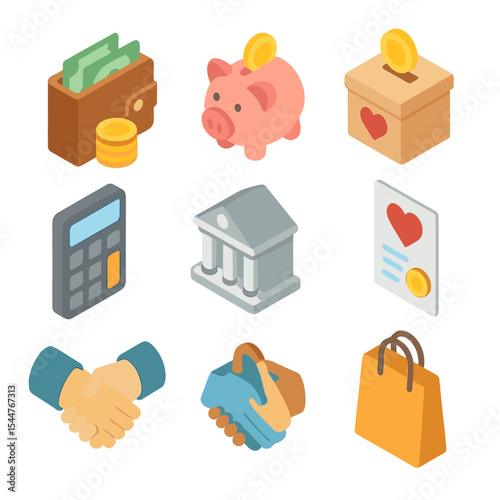 Financial Assistance Icons. Isometric Flat icon set of financial assistance resources: wallet with cash, coin stack, piggy bank,