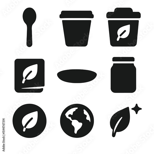Eco-Friendly Icon Set. Solid, filled icons set of eco-friendly serving: bamboo spoon, paper cup, compost bin,