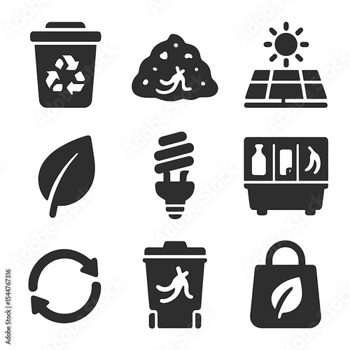 Eco-Friendly Icons Grid. Solid, filled icons set of home waste reduction: recycling bin, compost pile, solar