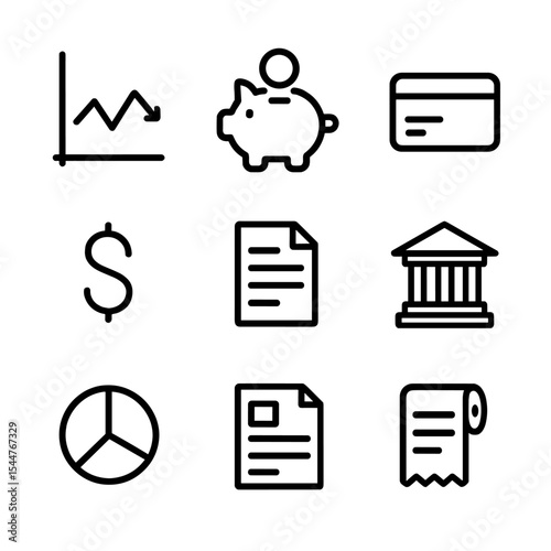 Financial Icon Set. Outline icon set of financial management: profit-loss graph, piggy bank, credit card, dollar sign, invoice,