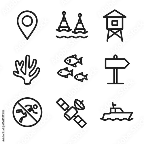Marine Icon Set. Outline icon set of marine protected areas management: map marker, boundary buoys, guard tower, coral icon, fish