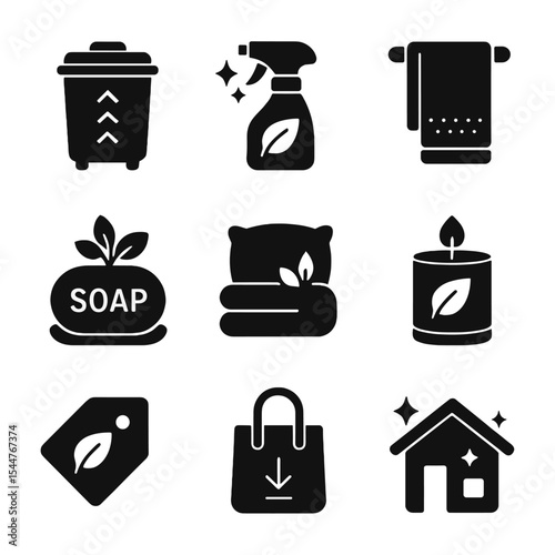 Eco-Friendly Home Icons. Solid, filled icons set of eco-friendly home products: compost bin, green cleaning, cloth towel, 