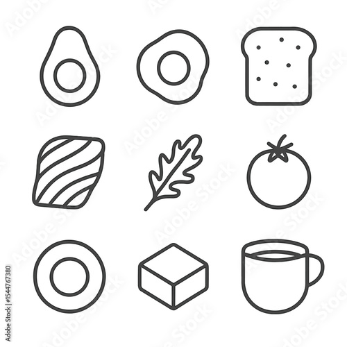 Breakfast Icon Set. Outline icon set of produce-topped breakfast: avocado half, poached egg, toasted bread, smoked salmon, arugula