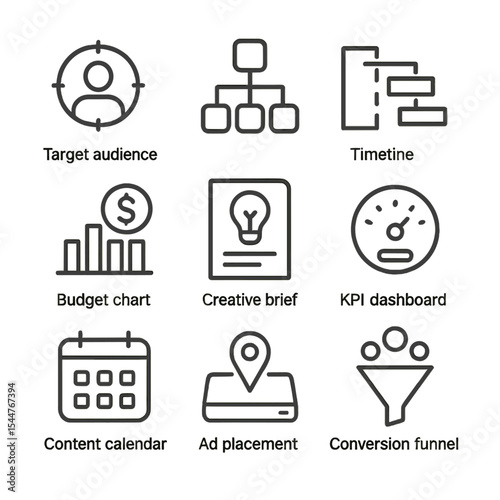 Marketing Icon Set. Outline icon set of marketing campaign schemes: target audience, channel map, timeline Gantt, budget chart,