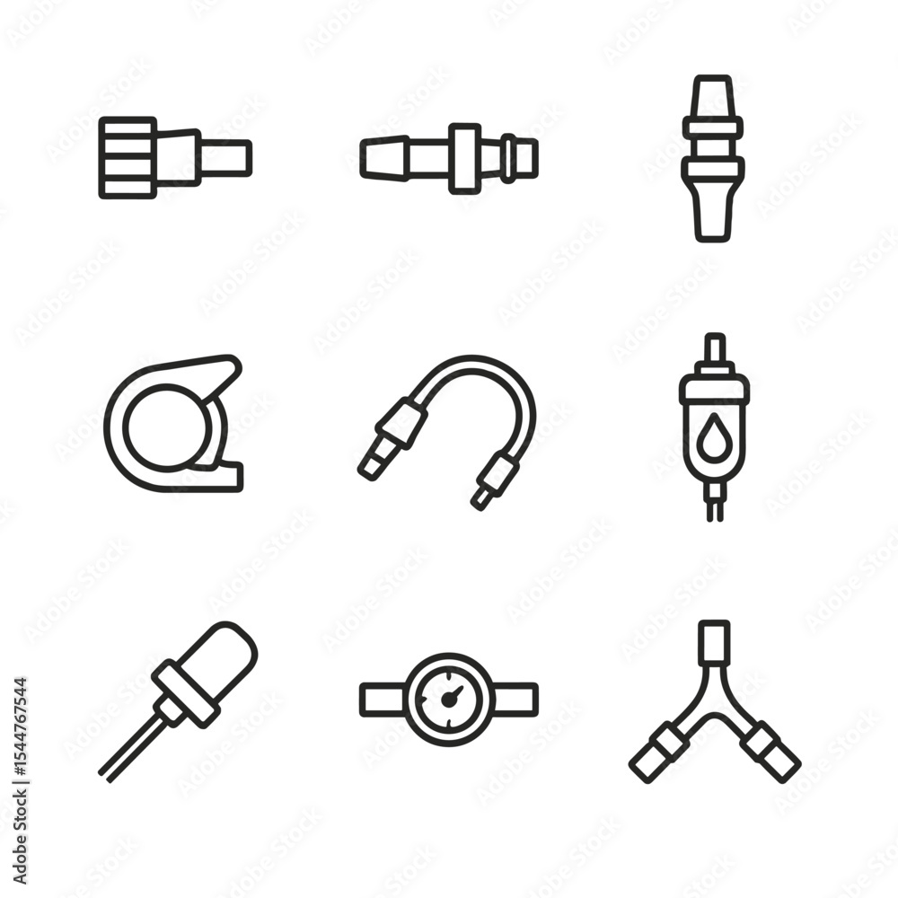 Fototapeta premium Medical Tubing Icons. Outline icon set of medical tubing connections: luer lock fitting, barbed connector, quick release coupler,