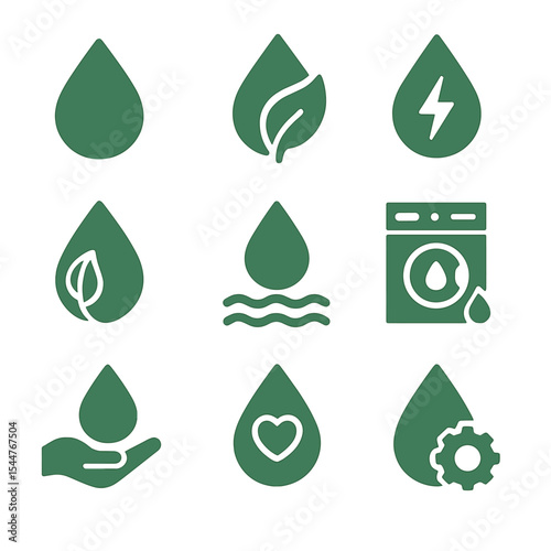 Eco-Friendly Water Icons. Solid, filled icons set of water conservation and efficiency: green water icon, leaf