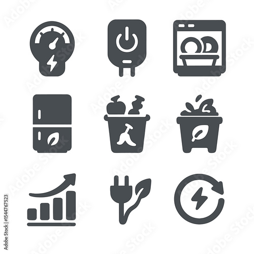 Eco-Smart Kitchen Icons. Solid, filled icons set of eco-friendly smart kitchen tech: energy meter, smart plug,