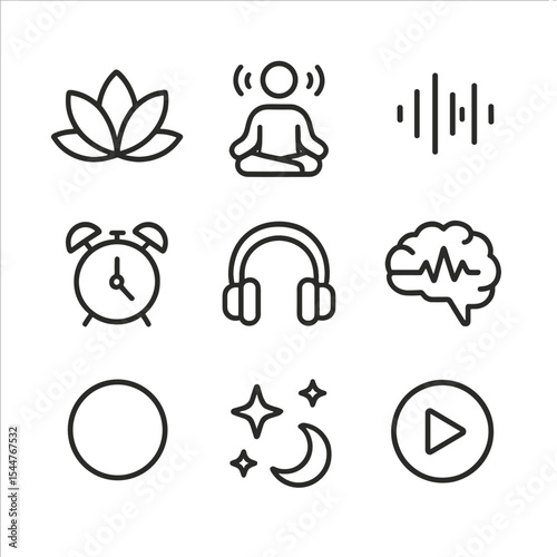 Meditation Apps Icon Set. Outline icon set of meditation and sleep aid apps: lotus flower, guided session icon, sound wave, timer