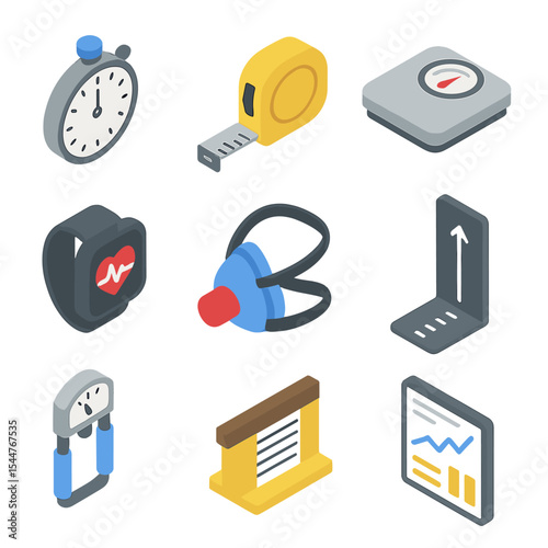 Isometric Fitness Tools Icons. Isometric Flat icon set of testing and assessment tools: stopwatch, tape measure, scale, heart rate