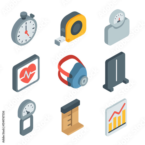 Isometric Fitness Tools Icons. Isometric Flat icon set of testing and assessment tools: stopwatch, tape measure, scale, heart rate
