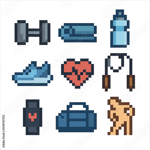Fitness Pixel Icons. Pixel art icon set of physical health and fitness: dumbbell, yoga mat, water bottle, running shoe, heart rate