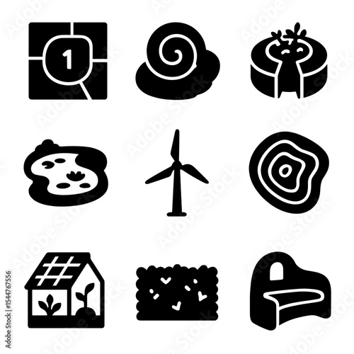 Ecological Design Icons. Solid, filled icons set of ecological land design elements: zone map, permaculture
