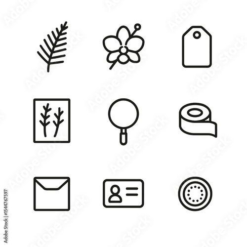 Herbarium Icon Set. Outline icon set of herbarium specimens: pressed fern, pinned orchid, label tag, mounting sheet, magnifying