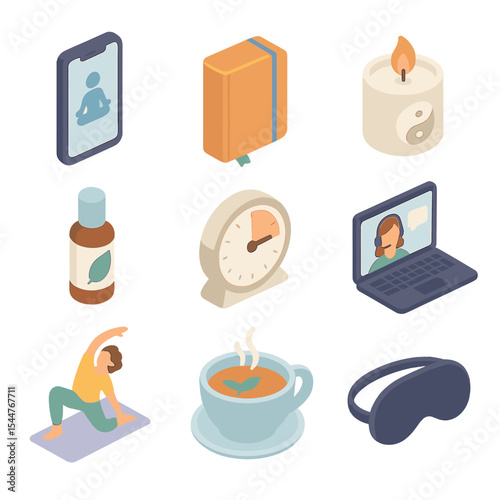 Mental Health Icon Set. Isometric Flat icon set of mental health and self-care: meditation app on smartphone, journal notebook,