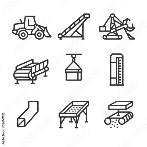 Bulk Equipment Icons. Outline icon set of bulk material handling equipment: front-end loader, conveyor system, stacker reclaimer,