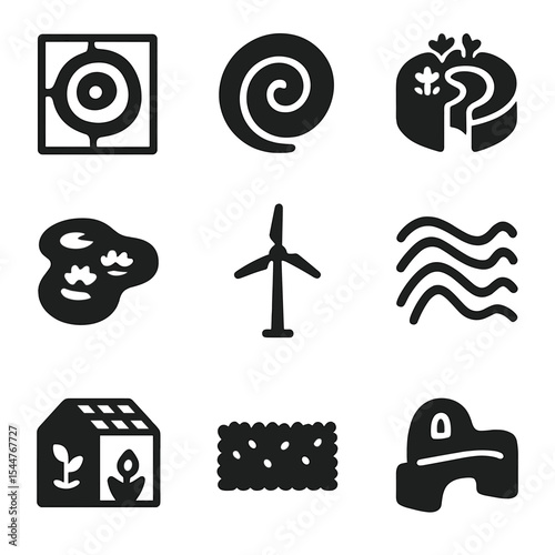 Ecological Design Icons. Solid, filled icons set of ecological land design elements: zone map, permaculture