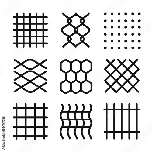 Mesh Icon Set. Outline icon set of mesh and grid textures: wire mesh, chain link, perforated grid, expanded metal, hex mesh,