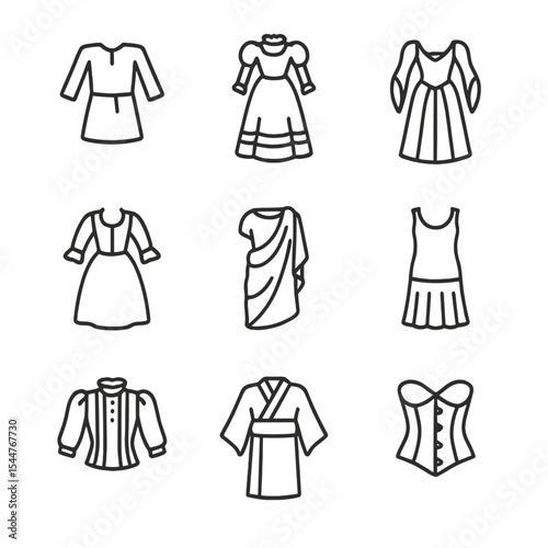 Historical Costume Icons. Outline icon set of historical costume styles: medieval tunic, Victorian dress, Renaissance gown,