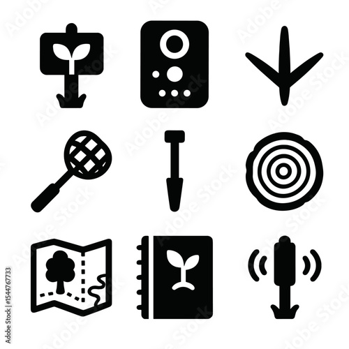 Ecological Monitoring Icons. Solid, filled icons set of ecological monitoring in reclaimed zones: plant tag,