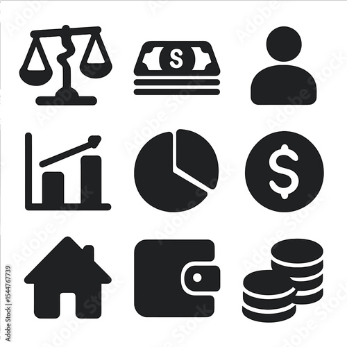 Economic Inequality Icons. Solid, filled icons set of economic inequality: broken scale, money stack, people