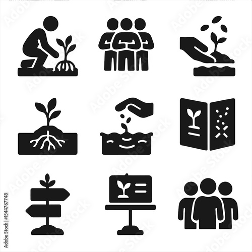 Ecosystem Restoration Icons. Solid, filled icons set of ecosystem restoration efforts: mangrove planting,