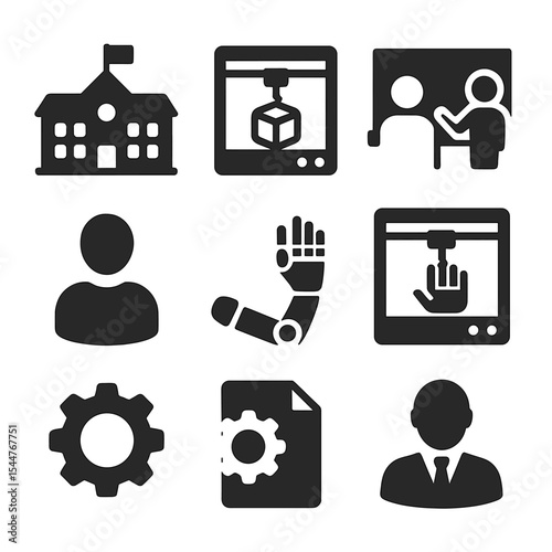 Educational Prosthetic Icons. Solid, filled icons set of educational prosthetic printing labs: school building
