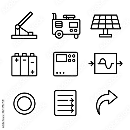 Microgrid Operation Icons. Outline icon set of microgrid operation: islanding switch, diesel generator, solar array, storage bank,