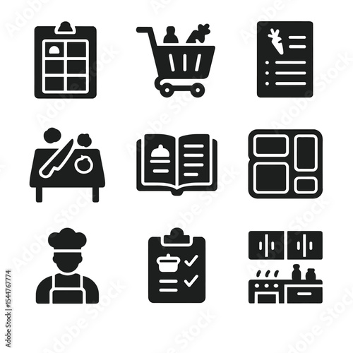 Efficient Meal Prep Icons. Solid, filled icons set of efficient meal prep for groups: meal plan, shopping cart, ingredient list, prepping station, recipe book, portion control, 