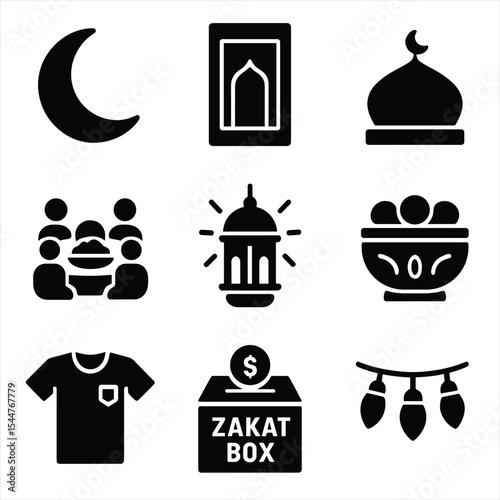 Eid Celebration Icons. Solid, filled icons set of Eid celebrations: crescent moon, prayer mat, mosque dome,