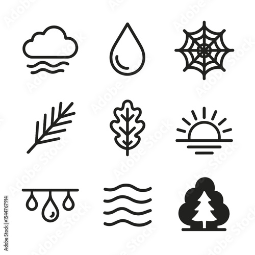 Misty Morning Icons. Outline icon set of misty treetop morning: mist cloud, dew drop, spider web, pine branch, oak leaf, rising