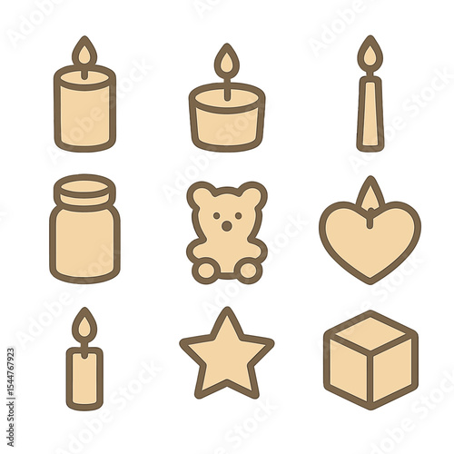 Candle Icons Grid. Flat icon set of basic candle shapes: pillar, votive, tea light, taper, jar candle, molded animal, heart shape,