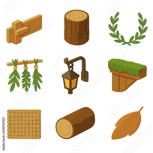 Forest Cabin Icon Set. Isometric Flat icon set of forest cabin or shed door features: wooden latch, bark texture, laurel wreath,