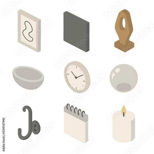 Minimalist Decor Icons. Isometric Flat icon set of minimalist art and decor: abstract line print, monochrome canvas, wooden